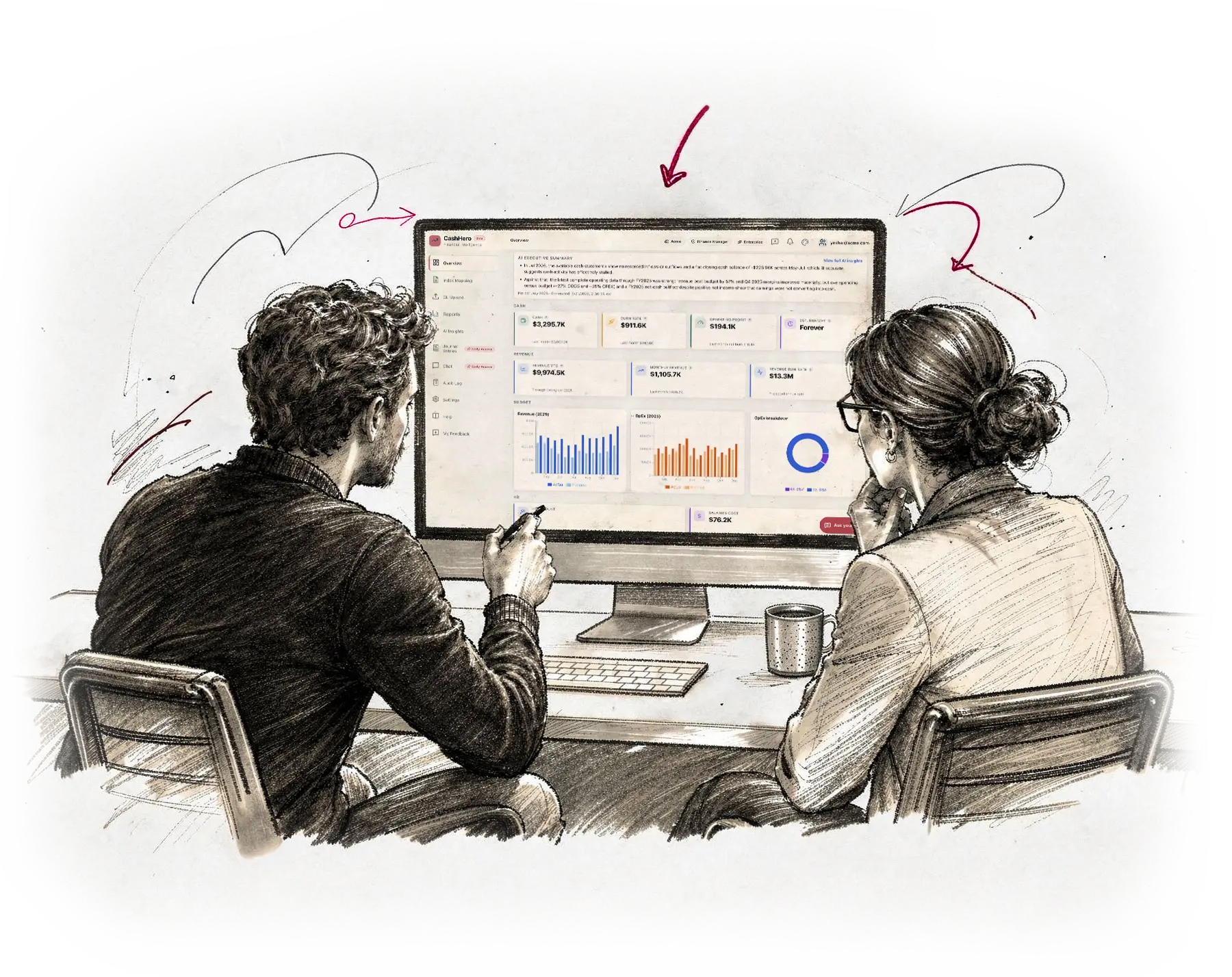 A founder and CFO working together in front of the CashHero financial dashboard