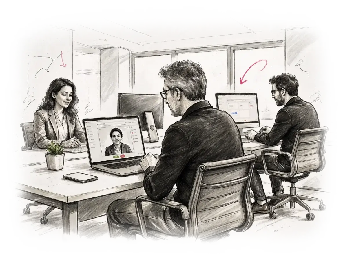 Sketch illustration of the Hybrid CFO team collaborating in the office and over video call